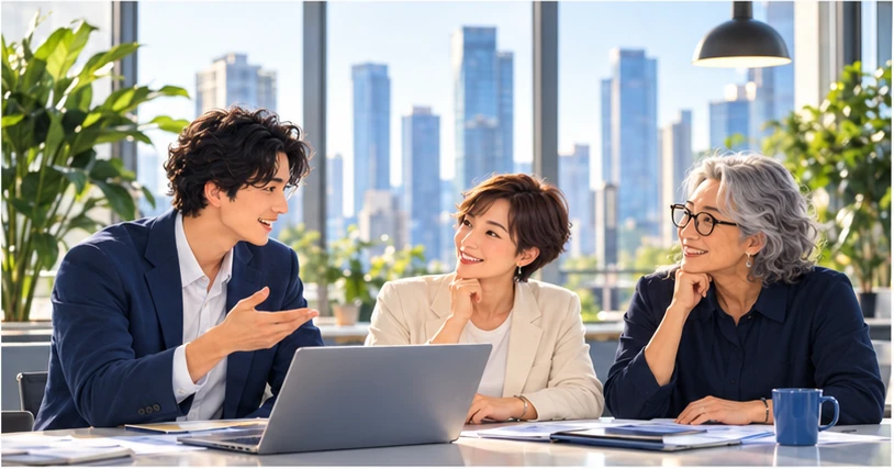オフィスで3人のチームが穏やかに働いているイラスト